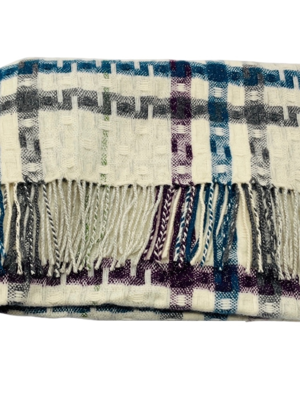 BURBERRY IVORY / BLUE / PURPLE FRINGED PLAID MERINO WOOL AND CASHMERE LONG SCARF